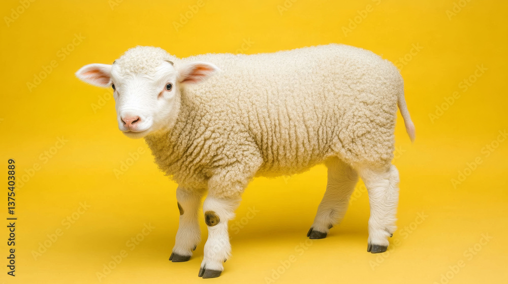 Obraz premium Fluffy lamb standing on bright yellow background