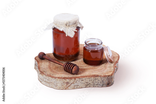 Organic Honey in Glass Jars with Wooden Honey Dipper on Rustic Wooden Board – Natural Sweetener Food Image