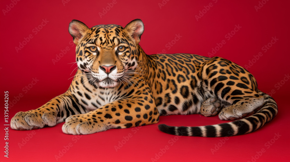 Fototapeta premium majestic leopard resting on vibrant red background