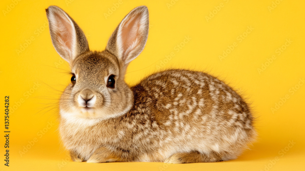 Fototapeta premium cute rabbit on bright yellow background, showcasing its fur