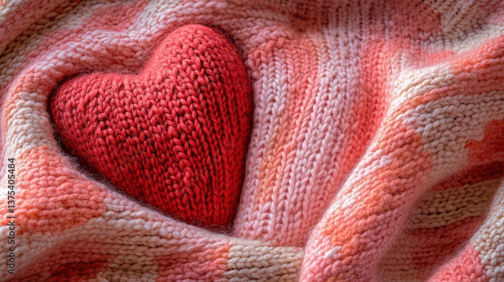 A hand knitted heart rests within a soft textured sweater blanket