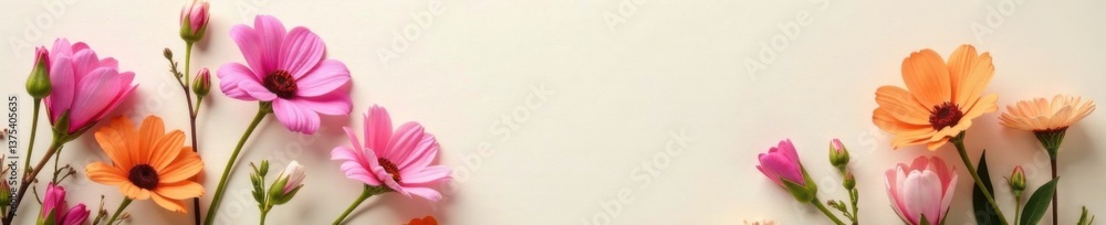 Fototapeta premium Delicate flower arrangement on natural paper background, floral, spring, print