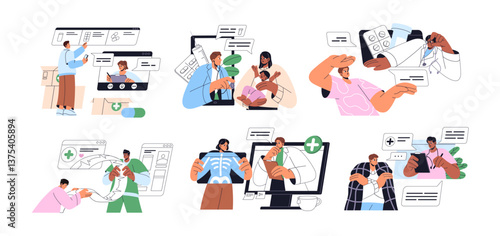 Online drugstore, pharmacy store set. Pharmacists, doctors prescribe remedy. Patients buy drugs in shop by phone. Medicine, medical help in internet concept. Flat isolated vector illustration on white