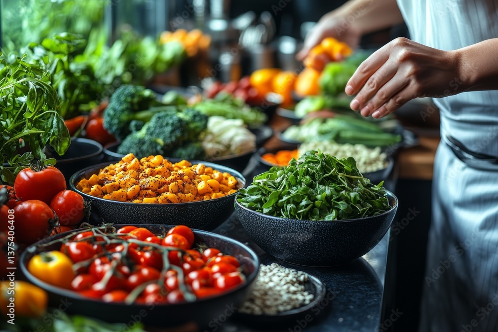 Obraz premium The kitchen table is lined with fresh vegetables, lean proteins and whole grains. Generative AI