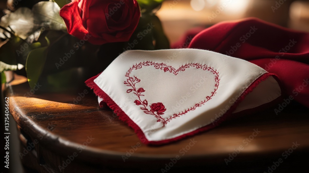 A red rose and heart embroidered handkerchief rest gracefully together