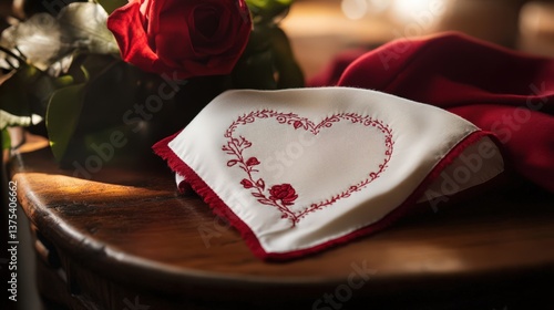 Obraz na płótnie A red rose and heart embroidered handkerchief rest gracefully together w salonie