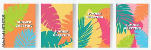 set of tropical forest tree leaf poster banner for summer , flat vector design, sale discount promotion card