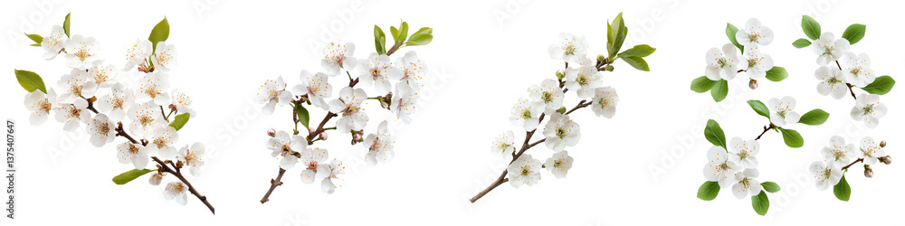 Obraz premium Blooming plum tree flowers isolated on white background
