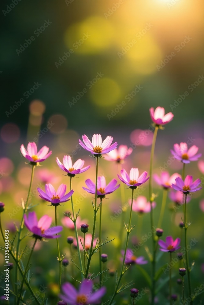 Fototapeta premium A Field of Delicate Pink Flowers Bathed in Golden Sunlight, a Serene and Tranquil Natural Scene of Blooming Beauty
