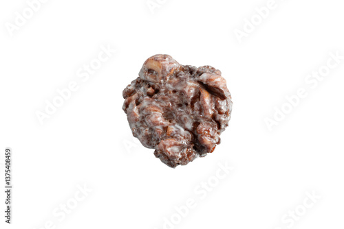 A top down view of an apple fritter donut, against a white background.