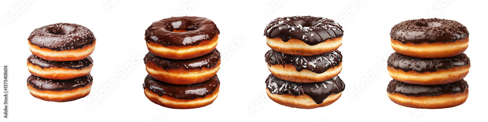 Mouthwatering display of various chocolate coated donuts some with sprinkles stacked in an appealing arrangement Mouthwatering display of various chocolate coated donuts some with sprinkles stacked in an appealing arrangement