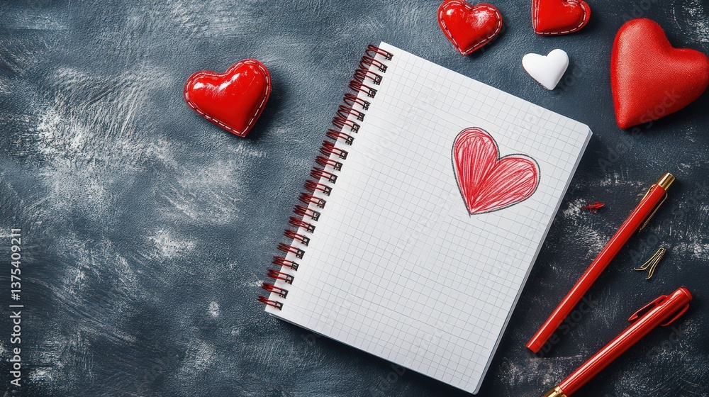 Decorative Red Hearts Note Pad and Writing Utensils on Dark Surface