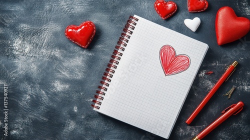 Obraz na płótnie Decorative Red Hearts Note Pad and Writing Utensils on Dark Surface w salonie