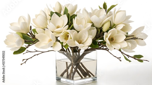 Luxury Pearl-White Magnolia Flowers Arranged in a Designer Vase, Isolated on a White Background, exuding modern sophistication and timeless elegance, Clean and Sophisticated Modern Decor Stock Photo 