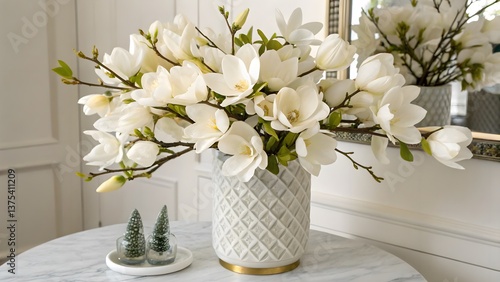 Luxury Pearl-White Magnolia Flowers Arranged in a Designer Vase, Isolated on a White Background, exuding modern sophistication and timeless elegance, Clean and Sophisticated Modern Decor Stock Photo 
