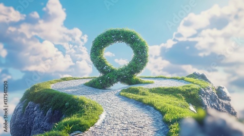 3D rendering of an infinity symbol road on a small green planet with an adventure route concept and blue skies.
