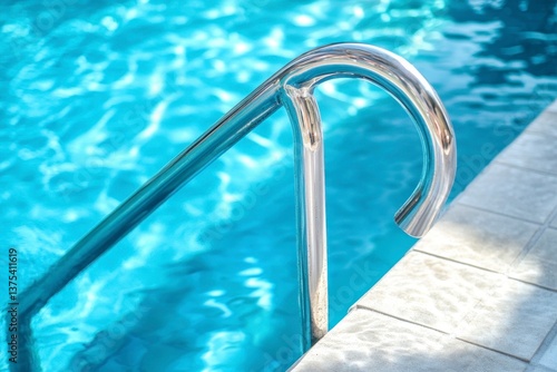Swimming Pool Ladder with Clear Blue Water and Tile Edge Detail