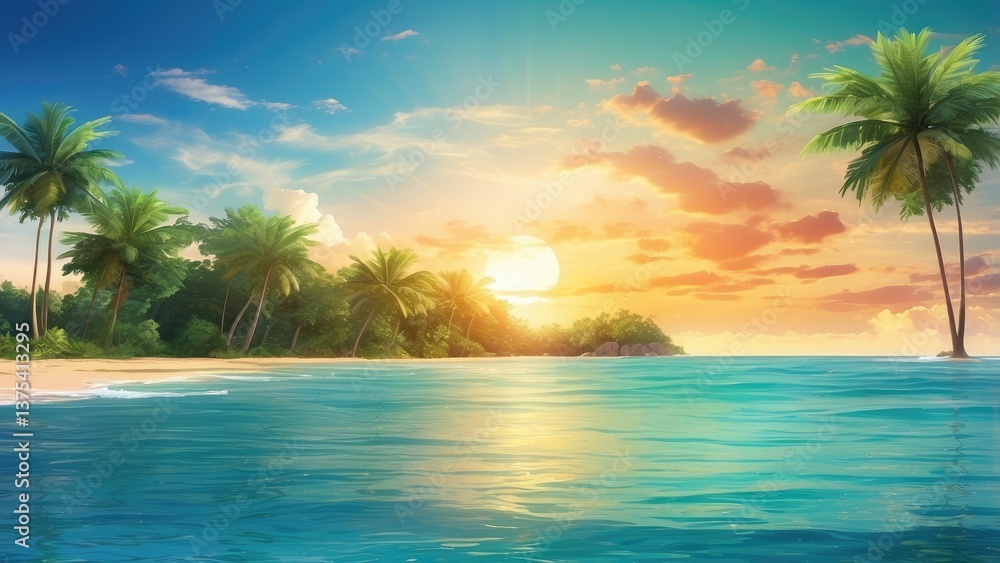 A vibrant tropical scene with a bright sun radiating light in a clear blue sky, A vibrant tropical scene with a bright sun radiating light in a clear blue sky,