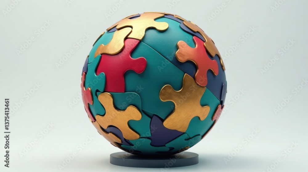 A spherical puzzle representing global collaboration and interconnectedness, composed of vibrant multicolored interlocking pieces, rests on a simple pedestal A spherical puzzle representing global collaboration and interconnectedness, composed of vibrant multicolored interlocking pieces, rests on a simple pedestal