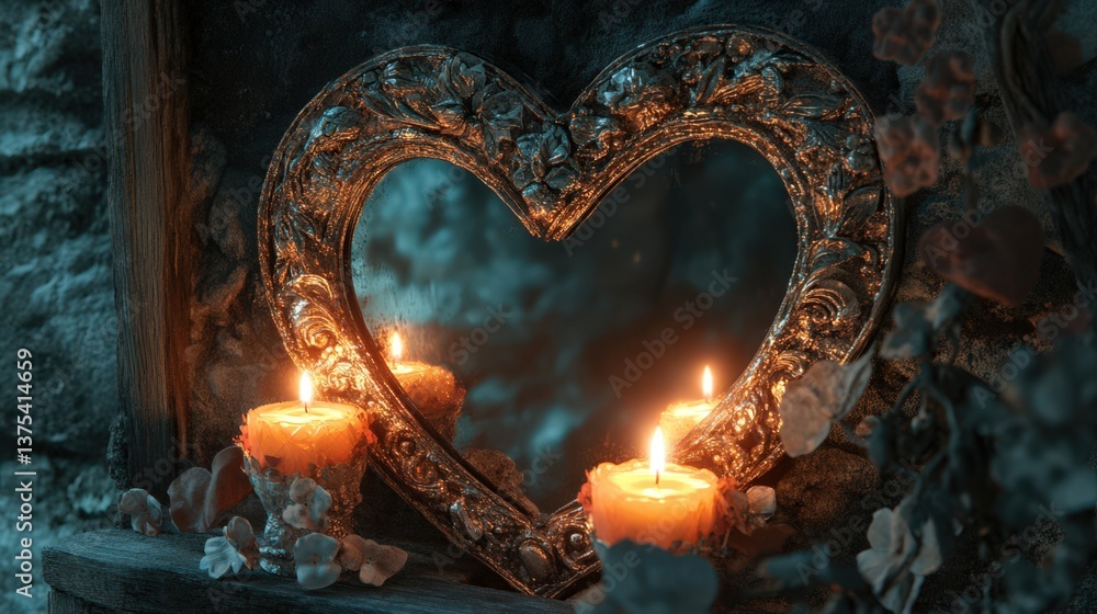 Obraz premium A heart shaped mirror surrounded by lit candles in low light
