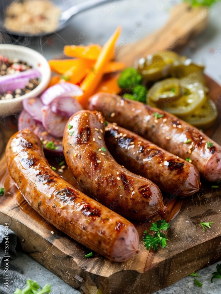 Grilled sausages served with vegetables on a wooden board for a delicious meal idea Grilled sausages served with vegetables on a wooden board for a delicious meal idea
