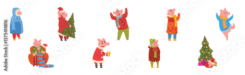 Funny Pig Character in Warm Clothing at Winter Holiday Vector Set