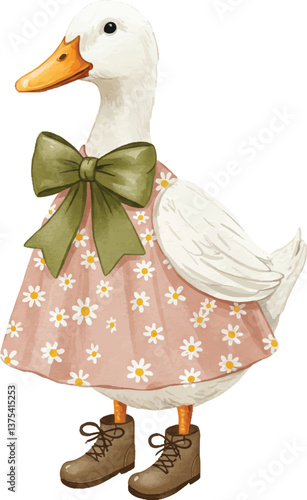 Whimsical Duck with pink dress and green bow watercolor clipart isolated white background. Cute coquette goose watercolor illustration