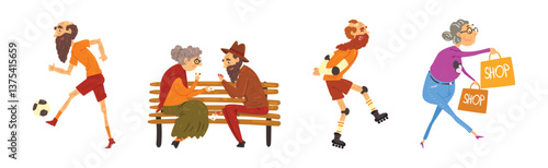 Funny Old Man and Woman Character Having Fun Vector Set