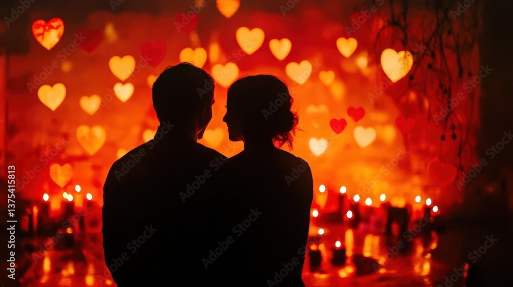 A loving couple standing together under a romantic heartshaped glow