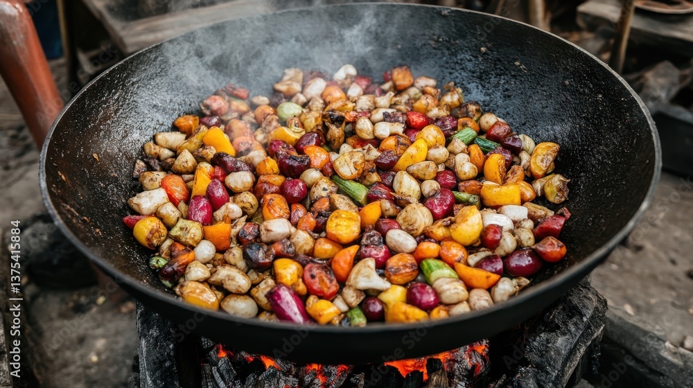 Stir-frying colorful vegetables in a large wok outdoor market culinary delight vibrant atmosphere aerial view Stir-frying colorful vegetables in a large wok outdoor market culinary delight vibrant atmosphere aerial view