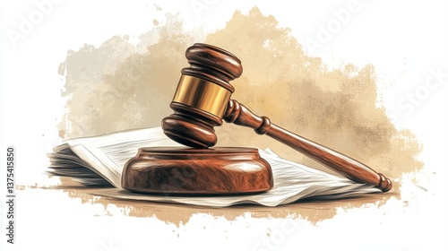 Legal proceedings symbol gavel and documents on a flat design background judicial environment artistic view