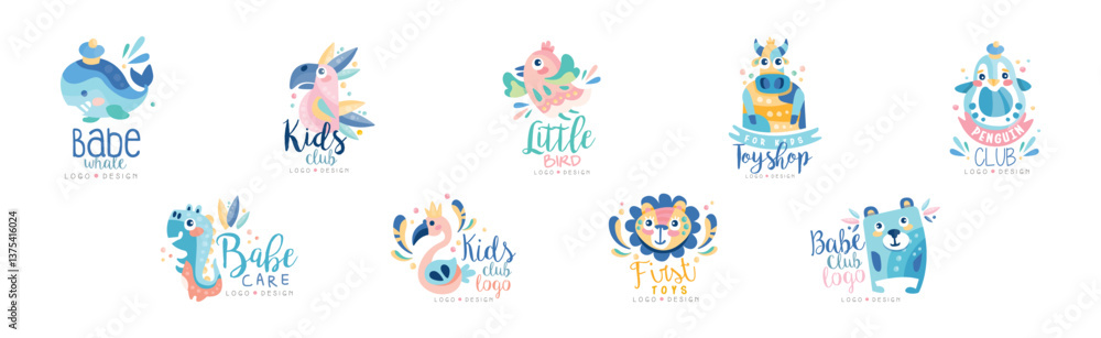Baby Toy Shop Logo Design with Animal Vector Set Baby Toy Shop Logo Design with Animal Vector Set