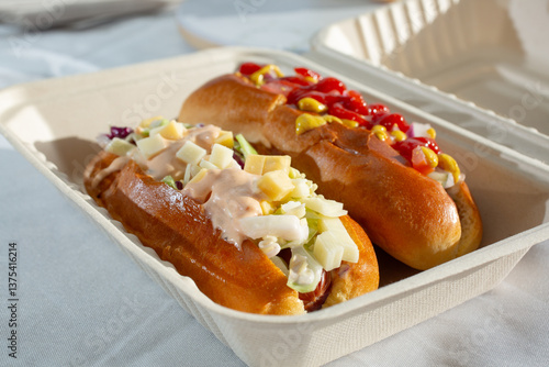 Obraz na płótnie A view of some hot dogs in a clamshell biodegradable container.