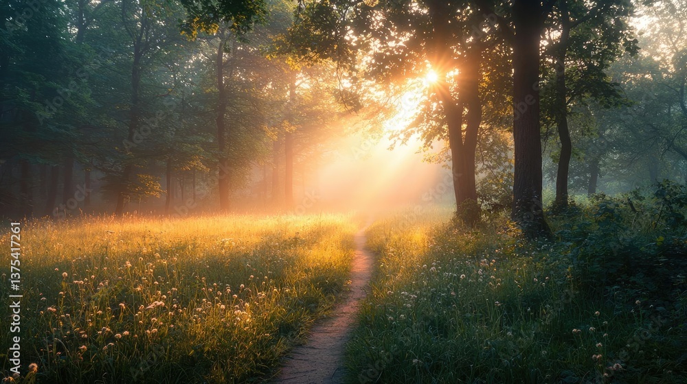 Obraz premium Forest at sunset rays illuminate serene pathway in twilight concept. A serene morning scene with sunlight filtering through trees.