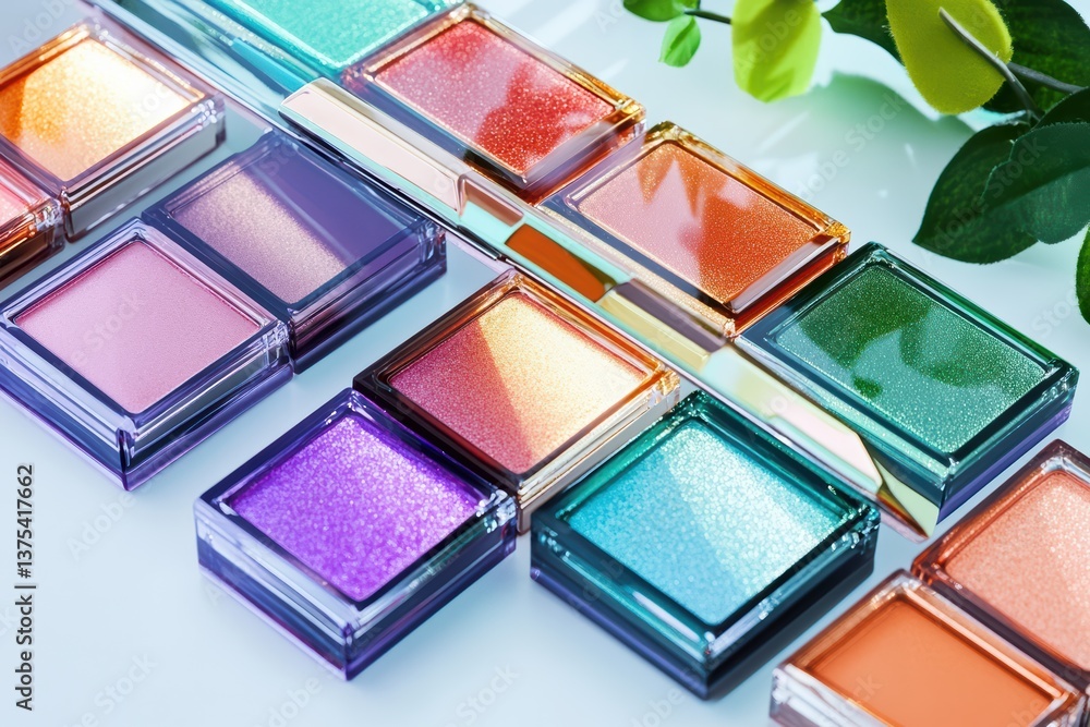 Colorful Eyeshadow Palette Display With Various Shimmery Shades and Reflective Textures on a Bright Surface Surrounded by Greenery Colorful Eyeshadow Palette Display With Various Shimmery Shades and Reflective Textures on a Bright Surface Surrounded by Greenery