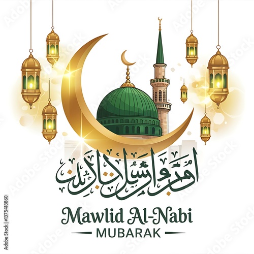Wallpaper Mural Elegant Mawlid al-Nabi Celebration Design Featuring Islamic Calligraphy Green Dome Crescent Moon Lanterns Mosque Minaret the Birth of Prophet Muhammad Perfect for Religious Events Festive Greetings Torontodigital.ca