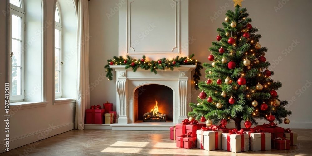 Cozy winter scene with a decorated Christmas tree and presents by a fireplace Cozy winter scene with a decorated Christmas tree and presents by a fireplace