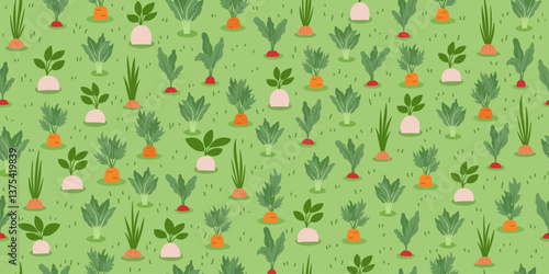 Gardening and farming concept seamless pattern. Nature background with different vegetables on green backdrop. Regenerative farming concept. Vector flat banner.