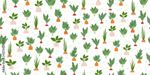 Gardening and farming concept seamless pattern. Nature background with different vegetables on white backdrop. Regenerative farming concept. Vector flat banner.