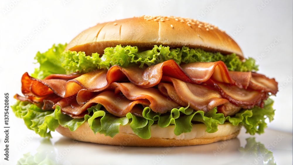 Close up of a sandwich with ham and lettuce on a sesame seed bun against a white background Close up of a sandwich with ham and lettuce on a sesame seed bun against a white background