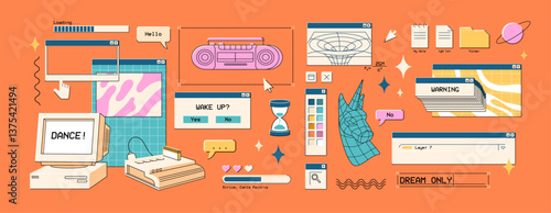 Set of retro UI, vaporwave items of computer interface. Digital elements of software in kitsch style. y2k design of cursor, icons, messages, pop ups, frames, windows. Flat isolated vector illustration