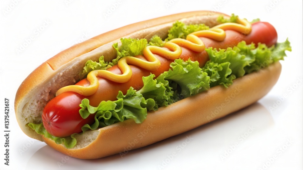 A close up of a hot dog with lettuce and mustard on a white surface ready to be eaten quickly now A close up of a hot dog with lettuce and mustard on a white surface ready to be eaten quickly now