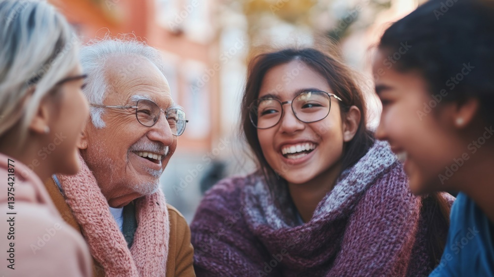 Elderly Man and Young People Smiling Together in Joyful Exchange Elderly Man and Young People Smiling Together in Joyful Exchange