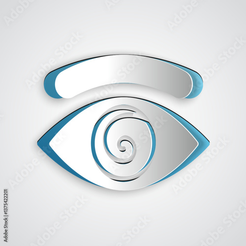 Paper cut Hypnosis icon isolated on grey background. Human eye with spiral hypnotic iris. Paper art style. Vector