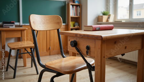 Classroom with Wooden Furniture and Desk