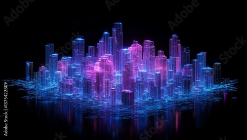 A cityscape with buildings lit up in neon colors