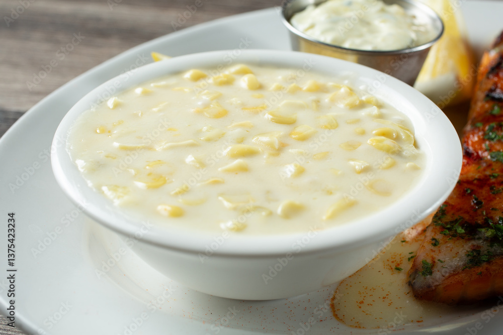 A closeup view of a bowl of creamed corn. A closeup view of a bowl of creamed corn.