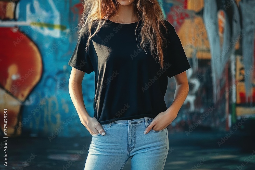 Obraz premium Casual black oversized t-shirt and light blue jeans model posing in street style over urban graffiti wall
