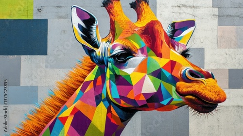 Wallpaper Mural A colorful mural on a brick wall depicts a vibrant, geometric giraffe. Torontodigital.ca