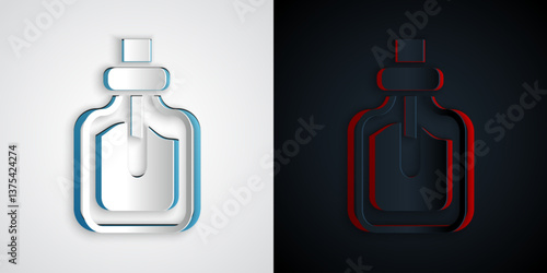 Paper cut Perfume icon isolated on grey and black background. Paper art style. Vector